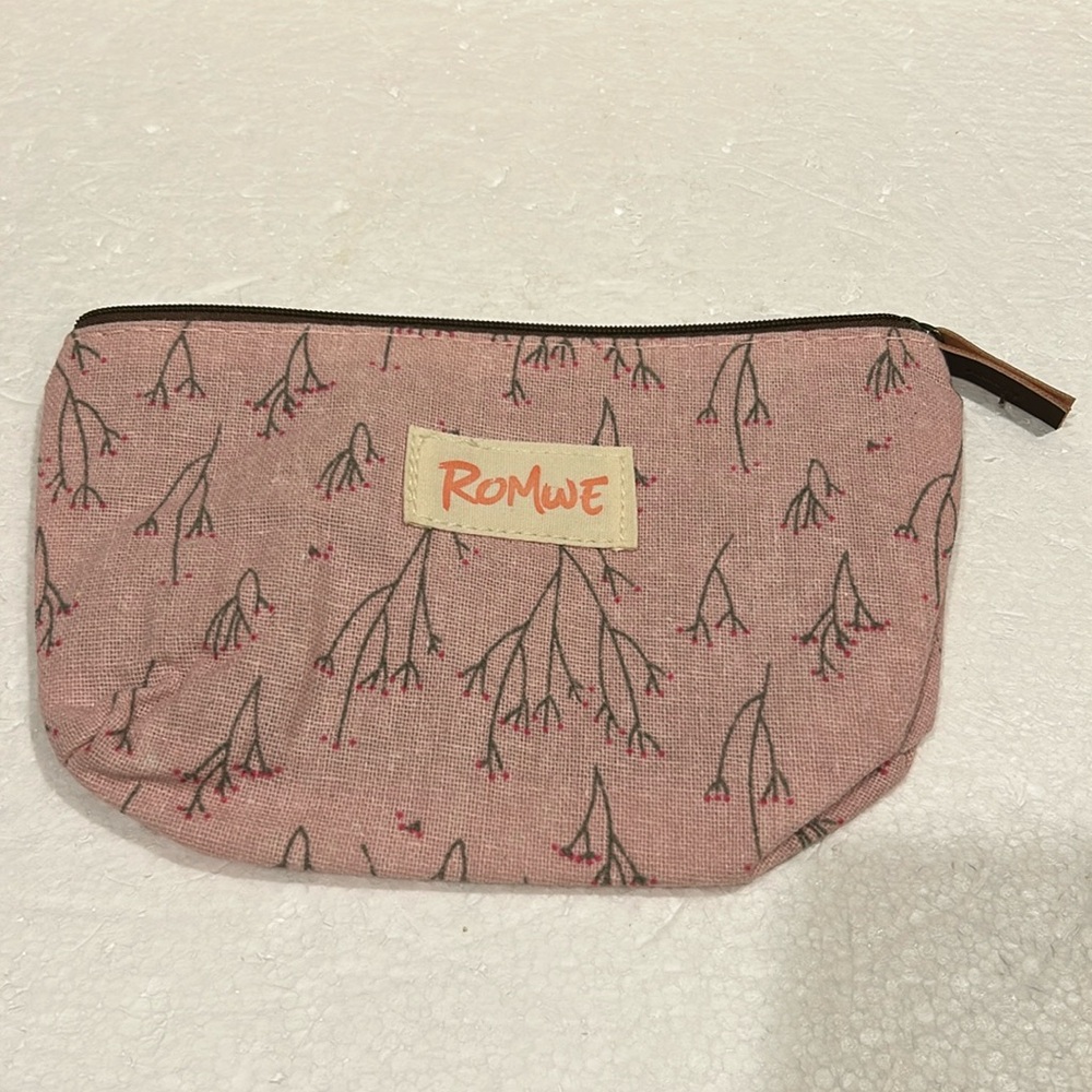 NWOT ROMWE cherry blossom print ZipUp lined Makeup Cosmetic bag pink grey canvas